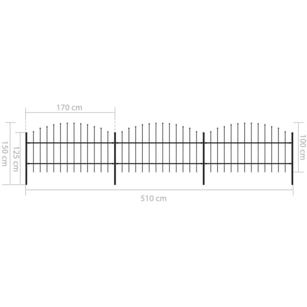vidaXL Puutarha-aita keihäskärjillä teräs (0,75-1)x5,1 m musta