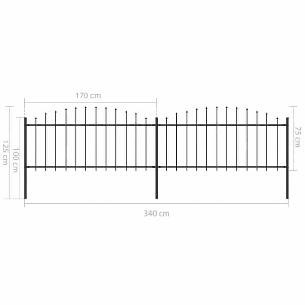 vidaXL havehegn med spydtop (0,5-0,75) x 3,4 m sort stål