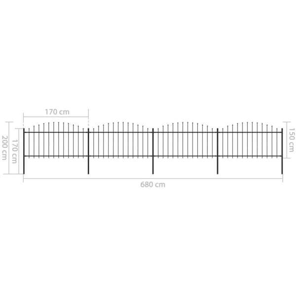 vidaXL havehegn med spydtop (1,25-1,5) x 6,8 m sort stål