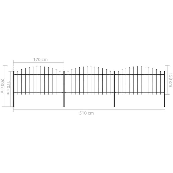 vidaXL Hagegjerde med spydtopp stål (1,25-1,5)x5,1 m svart