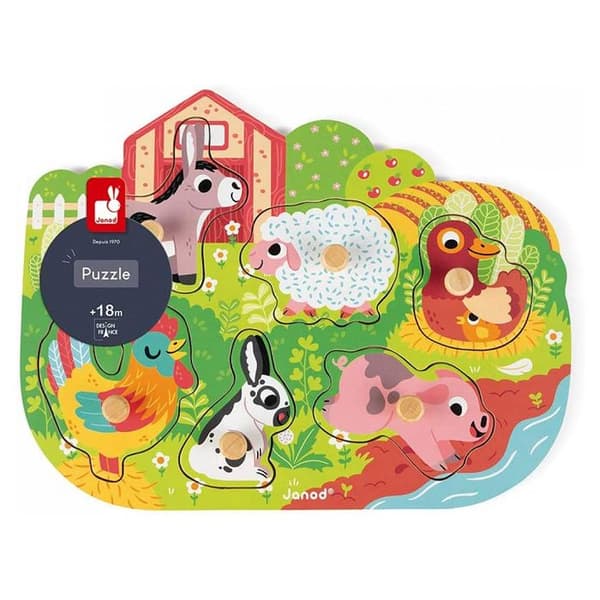 6-delat sammankopplat pussel - JANOD - Happy Farm - Barn - Beige - Från 18 månader