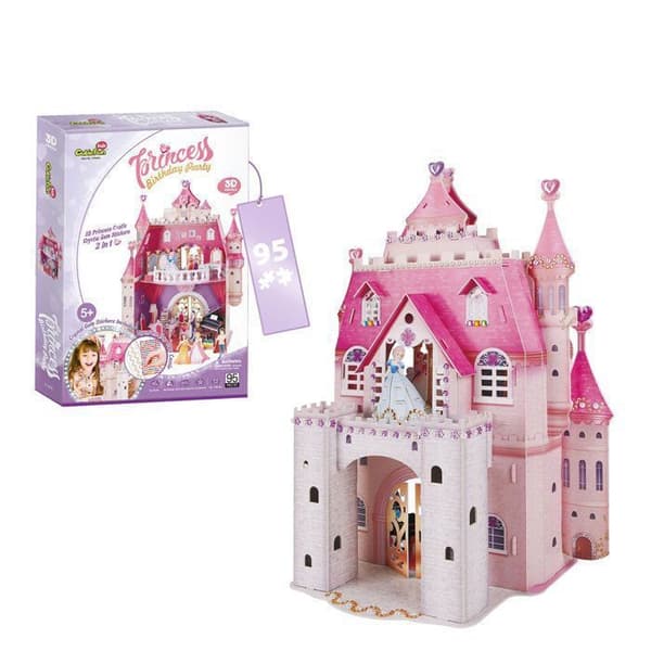 3D-pussel Princess Castle, Princess Birthday Party, 3D-pussel för barn 5 år gamla, 3D-pussel med 524 klistermärken, 95 bitar, rosa