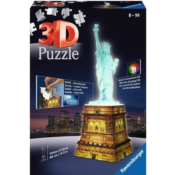 3D Pussel Frihetsgudinnan upplyst - Ravensburger - Monument 108 bitar - utan lim - med färg LEDS - Från 8 år