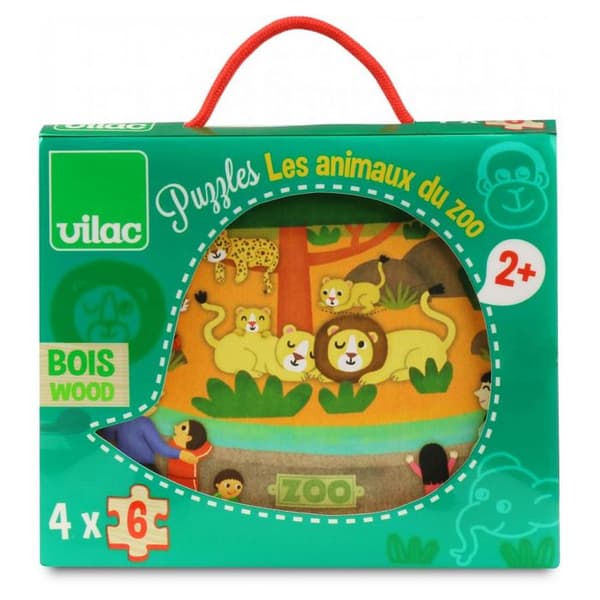 Zoo-pussel i trä - VILAC - 4 pussel à 6 bitar - Djurtema - För barn från 2 år och uppåt