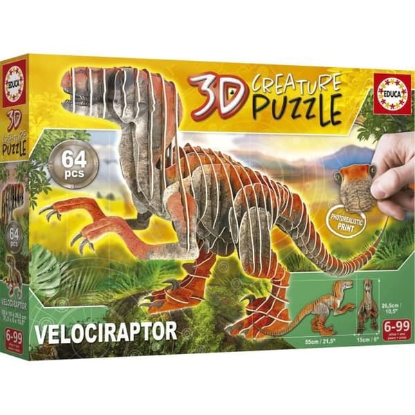 3D-pussel - EDUCA - Velociraptor - Tecknade serier och serier - Mindre än 100 bitar - Orange