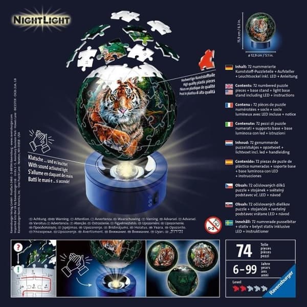Upplyst 3D Ball Puzzle - Big Cats - Ravensburger - 72 bitar