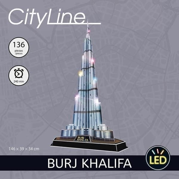 3D LED-pussel - Burj Khalifa - 3D-pussel för barn och vuxna - Modell att bygga - 136 bitar - Höjd 146cm - LED