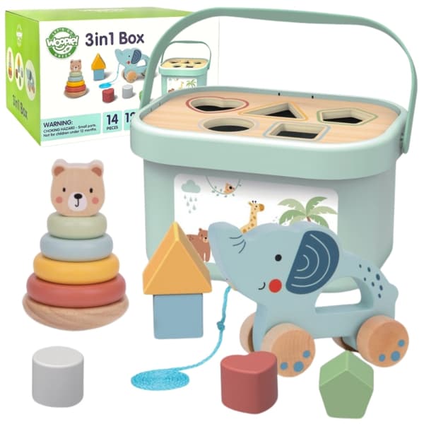 WOOPIE GREEN Box Sorter Box 3 i 1 blok Pyramide Elefant FSC