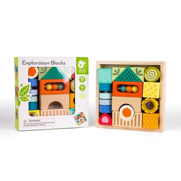 CLASSIC WORLD Sinnenas block av trä 7 funktioner Multifunktionellt pussel Former Ljud MONTESSORI 14 st