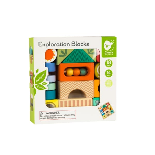 CLASSIC WORLD Sinnenas block av trä 7 funktioner Multifunktionellt pussel Former Ljud MONTESSORI 14 st