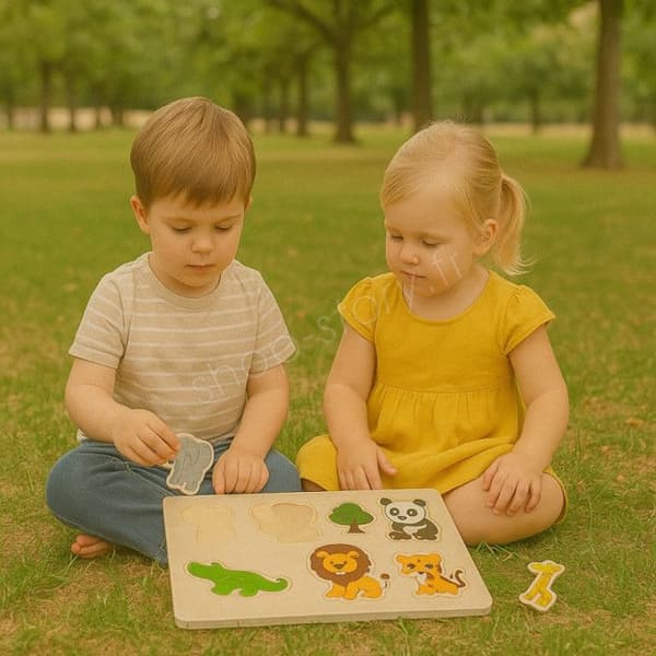 Paket med 4 träpussel, utbildningsleksak och Montessori för barn, djur, zoo, marina djur och dinosaurier - Från 2 år - Pussel