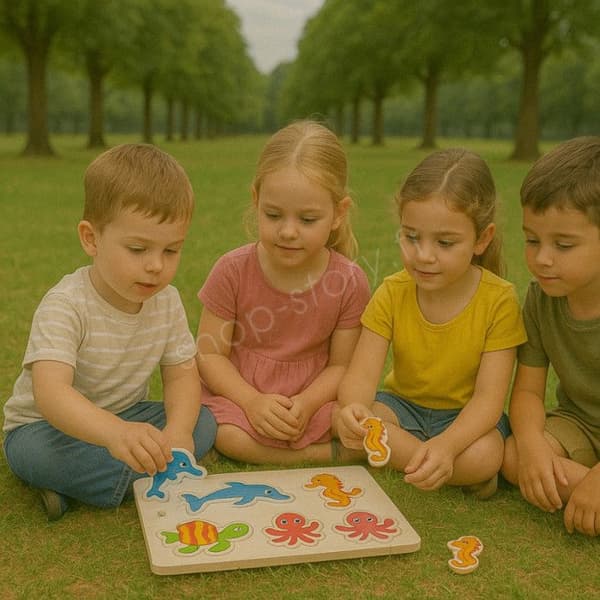 Paket med 4 träpussel, utbildningsleksak och Montessori för barn, djur, zoo, marina djur och dinosaurier - Från 2 år - Pussel