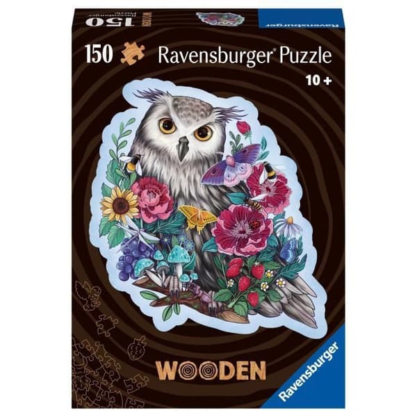 Blommig uggla träpussel 150 robusta och naturliga bitar inklusive 15 träfigurer (infall), från 10 år, 17511, Ravensburger