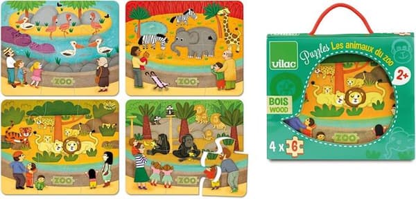 Zoo-pussel i trä - VILAC - 4 pussel à 6 bitar - Djurtema - För barn från 2 år och uppåt