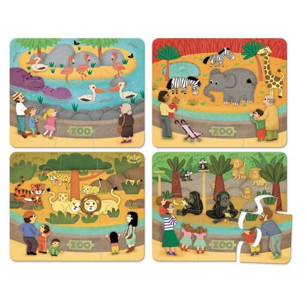 Zoo-pussel i trä - VILAC - 4 pussel à 6 bitar - Djurtema - För barn från 2 år och uppåt