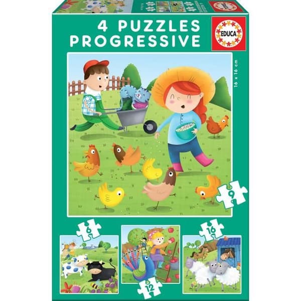 Farm Animals Progressive Puzzle - EDUCA - 4 pussel med 6 till 16 bitar - För barn från 0 månader och uppåt