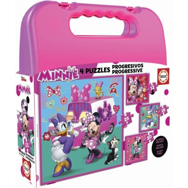 4 progressiva pussel - EDUCA - Minnie &amp; The Happy Helpers Progressive Puzzles Case (12-16-20-25)