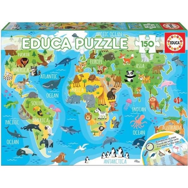 Animals World Map Pussel - EDUCA - 150 bitar - Blandat - Från 6 år