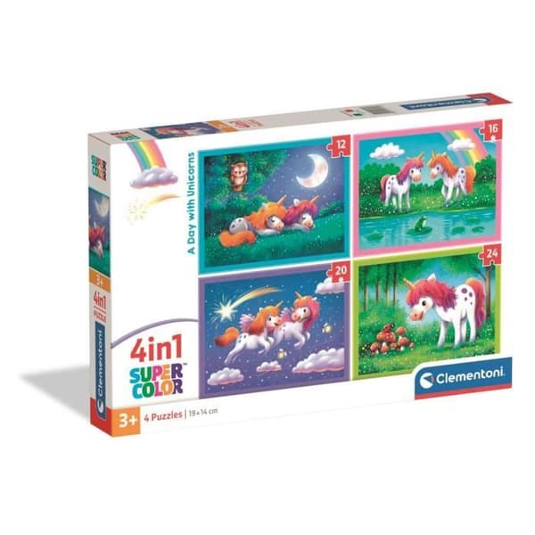 CLEMENTONI - Pussel 4 i 1 - En dag med enhörningar