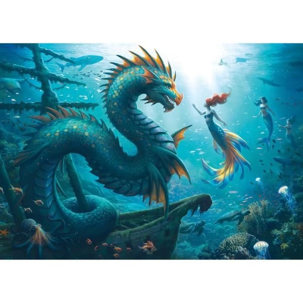 Pussel 1000 bitar Draken, sjöjungfrun och havssköldpaddorna, från 14 år, Monstre, 12001434, Ravensburger