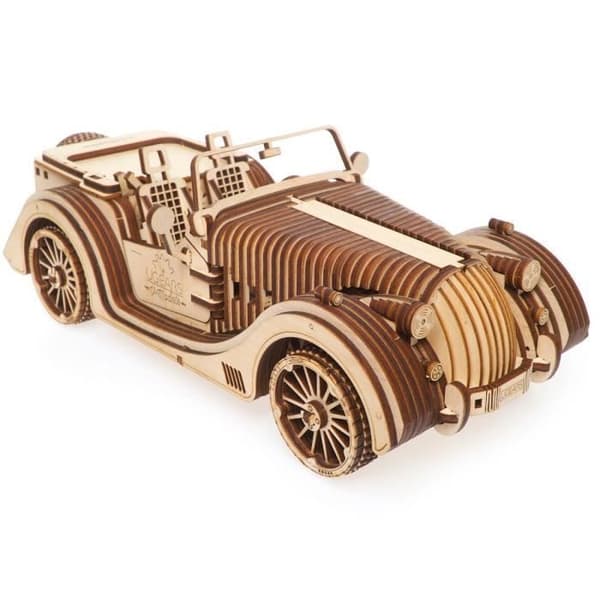 UGEARS VM-01 Roadster – Byggbar 3D trämodell – för vuxna och barn – Miniatyrarbetsbil – i plywood,