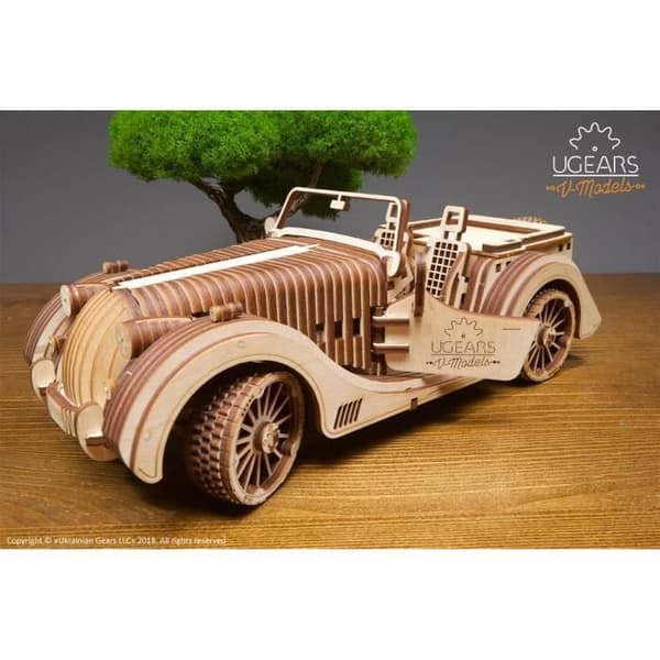 UGEARS VM-01 Roadster – Byggbar 3D trämodell – för vuxna och barn – Miniatyrarbetsbil – i plywood,