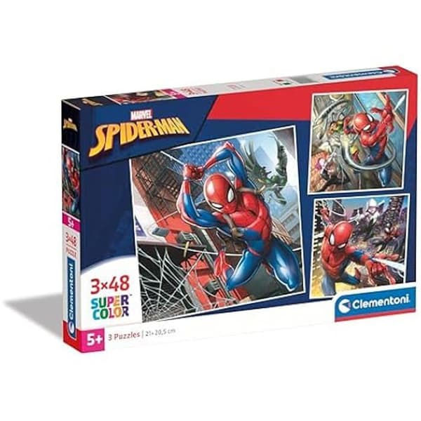 Clementoni Supercolor Marvel Spider-Man – 3 x 48 (Inkluderar 3 48 bitar) Barn 5 år, tecknat pussel, tillverkat i Italien,