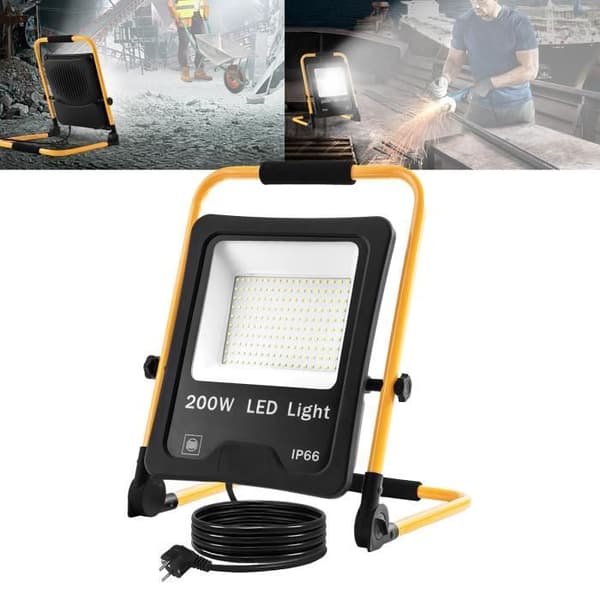 LARS360 200W LED-konstruktionsstrålkastare med fäste och strömkabel, IP66 vattentät LED-strålkastare, kallvit