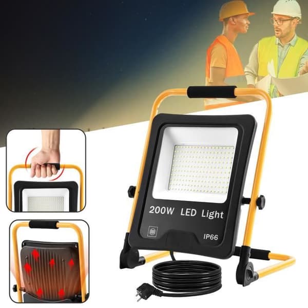 LARS360 200W LED-konstruktionsstrålkastare med fäste och strömkabel, IP66 vattentät LED-strålkastare, varmvit