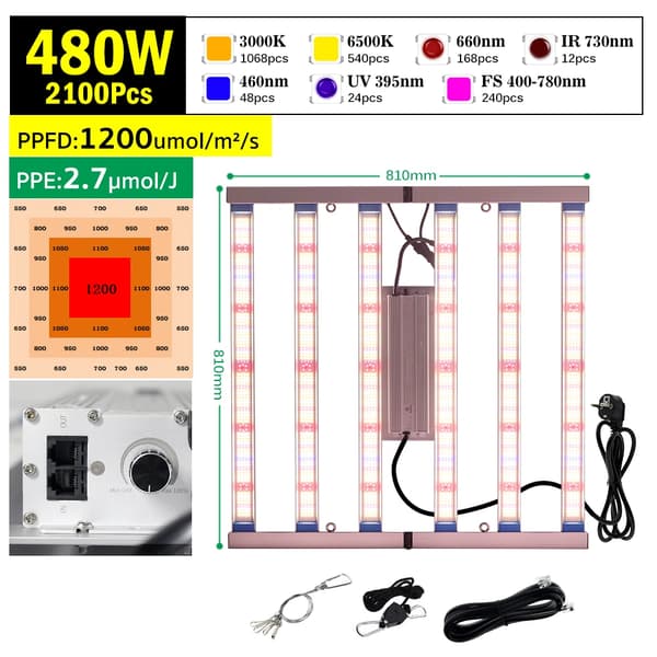 Växtljus LED Fullspektrum, Dimbar, Effektiv Värmeavledning,480W, EU