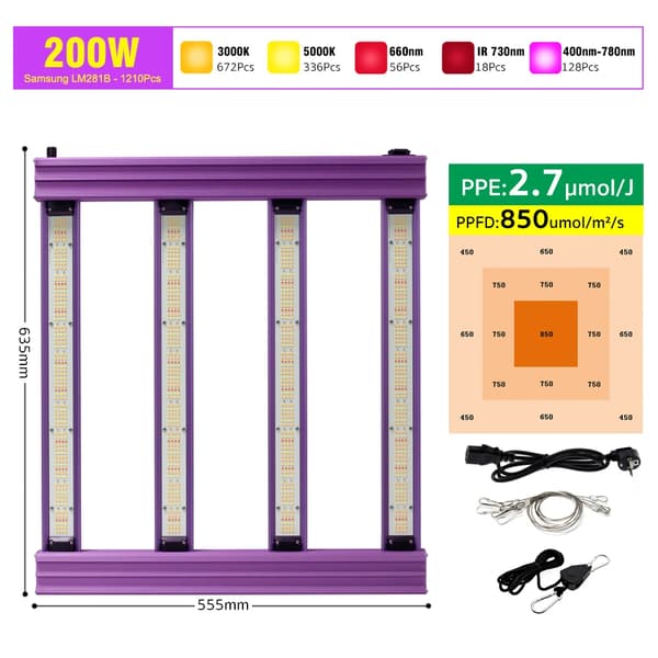 Fuldspektret LED vækstlys, 200W/300W effekt, knap til dæmpning,200W
