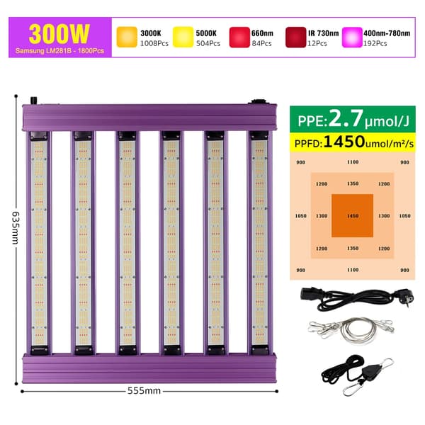Fullspektrum LED-växtljus, 200W/300W effekt, dimmer med rattfunktion,300W