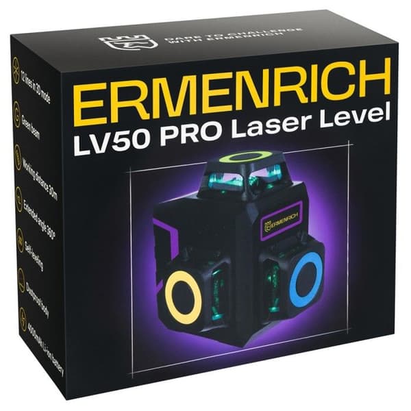 3D Bygglasern - ERMENRICH - PRO LV50V - 12 Gröna Linjer - Automatisk Nivellering - USB-C