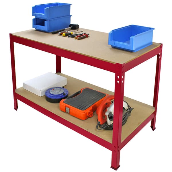 Q-Rax Röd Arbetsbänk 120 cm (B) Pulverlackerat Stål Förvaring Verkstad Garage 2 Hyllor 200 kg Viktkapacitet Per Hylla Enkel Montering 7.6 mm MDF