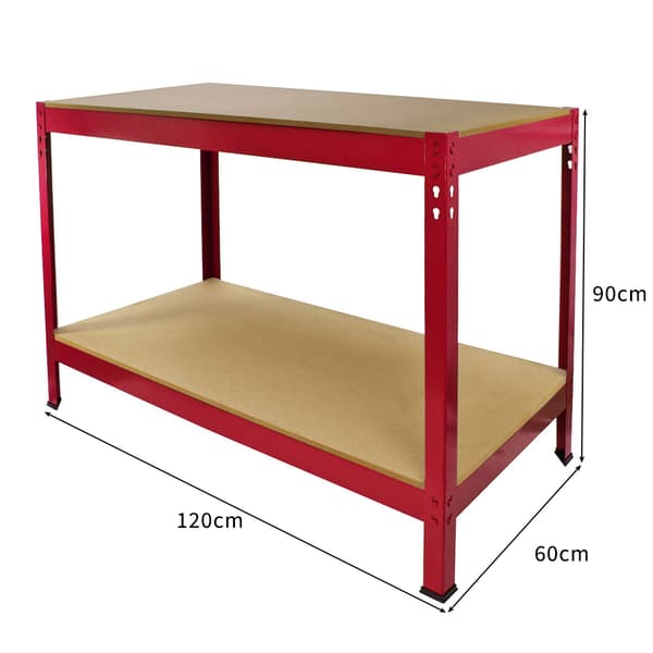 Q-Rax Röd Arbetsbänk 120 cm (B) Pulverlackerat Stål Förvaring Verkstad Garage 2 Hyllor 200 kg Viktkapacitet Per Hylla Enkel Montering 7.6 mm MDF