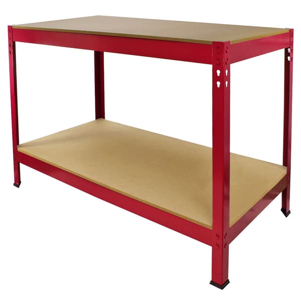 Q-Rax Röd Arbetsbänk 120 cm (B) Pulverlackerat Stål Förvaring Verkstad Garage 2 Hyllor 200 kg Viktkapacitet Per Hylla Enkel Montering 7.6 mm MDF