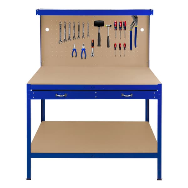 Workbench with Tool Board, Drawer & Lamp Steel Workshop DIY Work Table Tool Storage Station 370 kg Capacity 40 Hooks Rubber Mallet Black Red Blue
