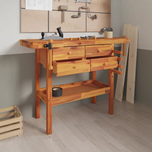 vidaXL arbejdsbord skuffer og skruestik 124x52x83 cm massivt akacietræ -  Arbejdsbænke