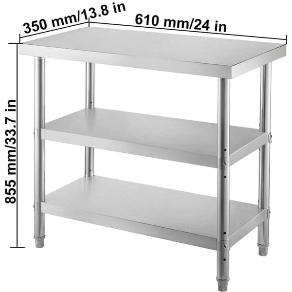 24x14x33,6 tum 180 kg kapacitet köksförberedande bord i rostfritt stål, kommersiellt arbetsbord, justerbara hyllor och fötter