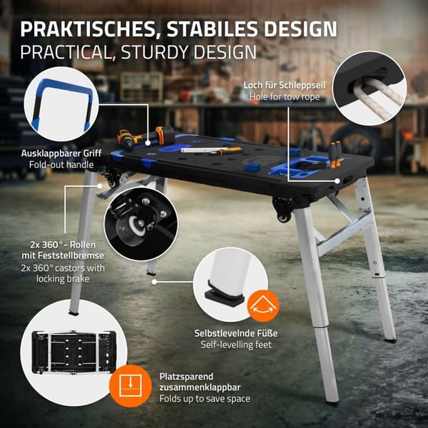 Workbench 7in1 109 cm rullbräda Sågbock Byggnadsställning Handvagn av plast upp till 150 kg med 4 hjul