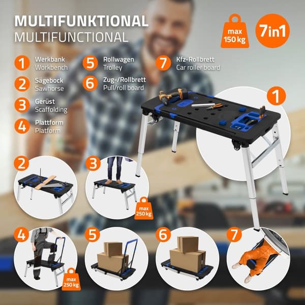 Workbench 7in1 109 cm rullbräda Sågbock Byggnadsställning Handvagn av plast upp till 150 kg med 4 hjul