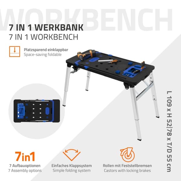Workbench 7in1 109 cm rullbräda Sågbock Byggnadsställning Handvagn av plast upp till 150 kg med 4 hjul