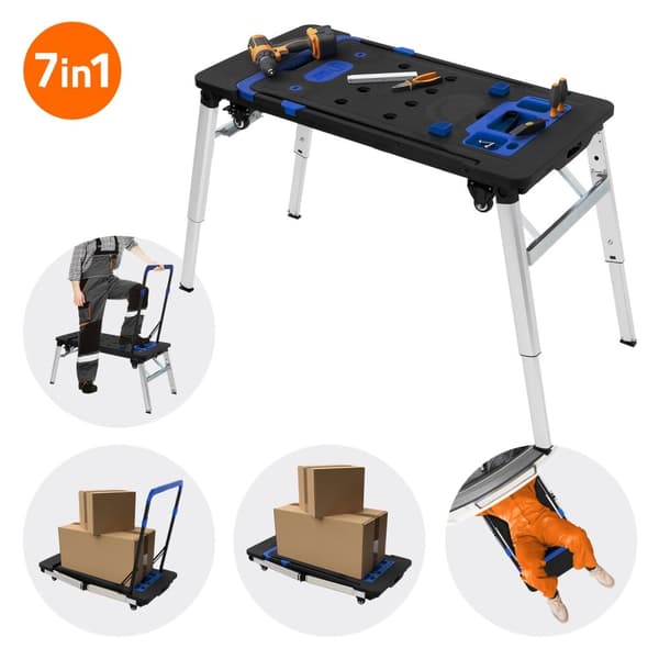 Workbench 7in1 109 cm rullbräda Sågbock Byggnadsställning Handvagn av plast upp till 150 kg med 4 hjul