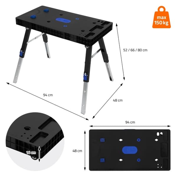 Workbench 5in1 rullbräda sågbock byggnadsställning 94 cm tillverkad av plast upp till 150 kg med 4 hjul