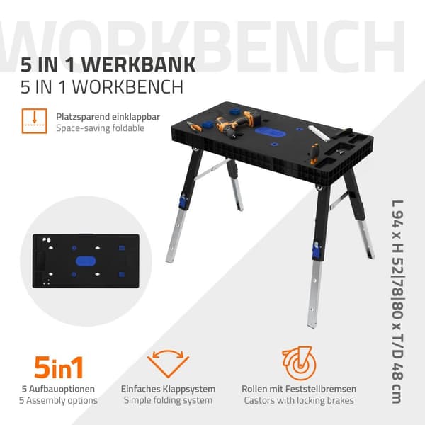 Workbench 5in1 rullbräda sågbock byggnadsställning 94 cm tillverkad av plast upp till 150 kg med 4 hjul