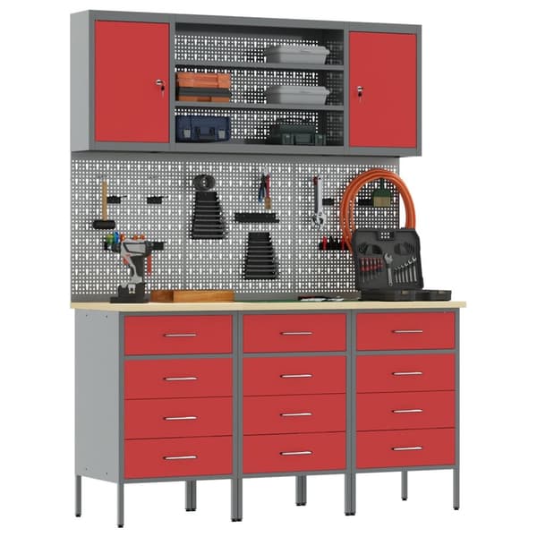 vidaXL Arbeidskabinet Set Sett med 7 Rød og Grå Stål 150 x 55 x 200 cm