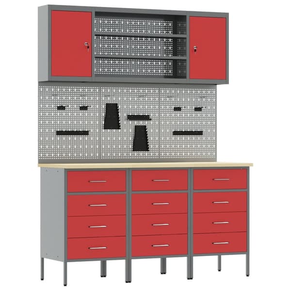 vidaXL Arbeidskabinet Set Sett med 7 Rød og Grå Stål 150 x 55 x 200 cm