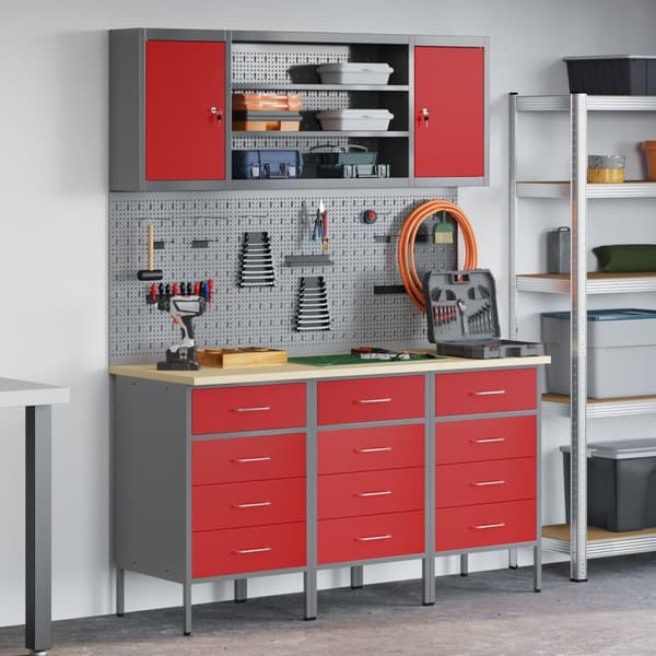 vidaXL Arbeidskabinet Set Sett med 7 Rød og Grå Stål 150 x 55 x 200 cm