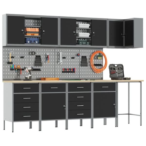 vidaXL 12-delt arbeidskabinet og pegboard-sett svart MDF og metall