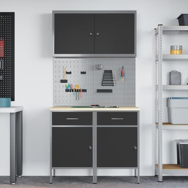 vidaXL 5-delt arbeidskabinetts- og pegboardsett svart MDF og metall